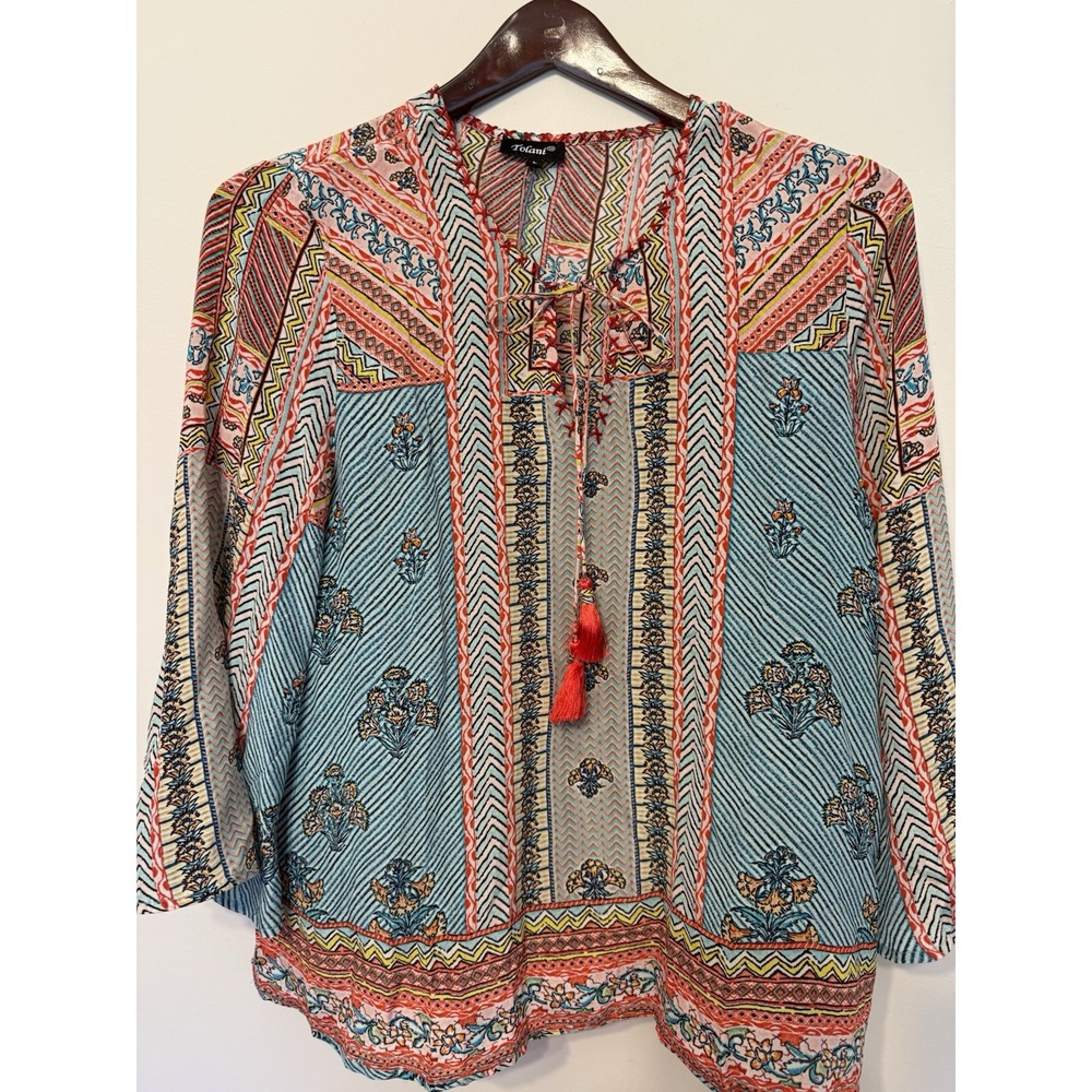 Tolani Multicolor Silk Blouse with Tassel Tie